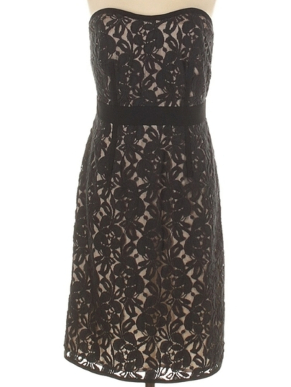 LOFT Black Strapless Dress Sheer Floral Lace Nude Lining Ann Taylor Sexy LBD XS